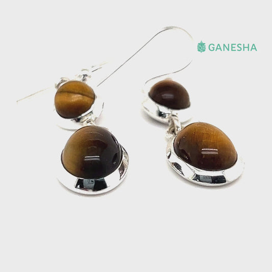 Ganesha Handicrafts Tiger Eye Double-Drop Earrings - Sterling Silver (925), Tiger Eye Double-Drop, Earrings, Sterling silver earrings, Brown stone earrings, Trending Earrings
