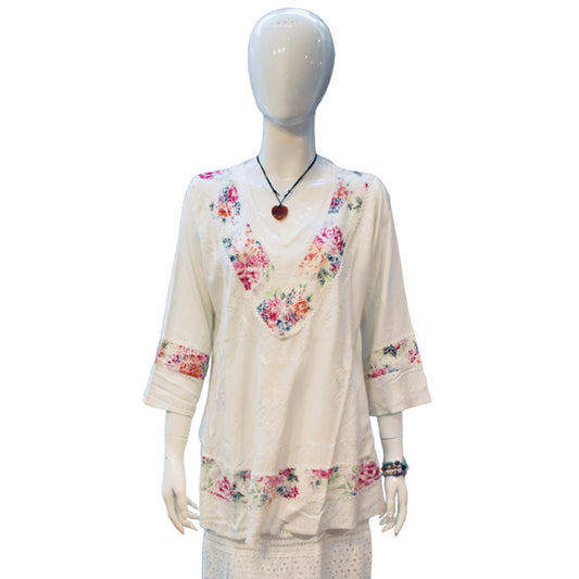 Ganesha Handicraft Colourful white blouse shirt , Model shirt , White and multicolour border shirt , Trending shirt , Colourful shirt