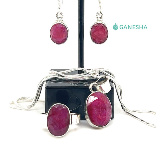 Ganesha Handicrafts Ruby - 925 Sterling Silver Jewellery Gift Set With Free Chain, Ruby Gift Set, Jewellery Gift Set with free chain, Sterling silver gift set with chain, Gift set with free chain, Pink Jewellery gift set
