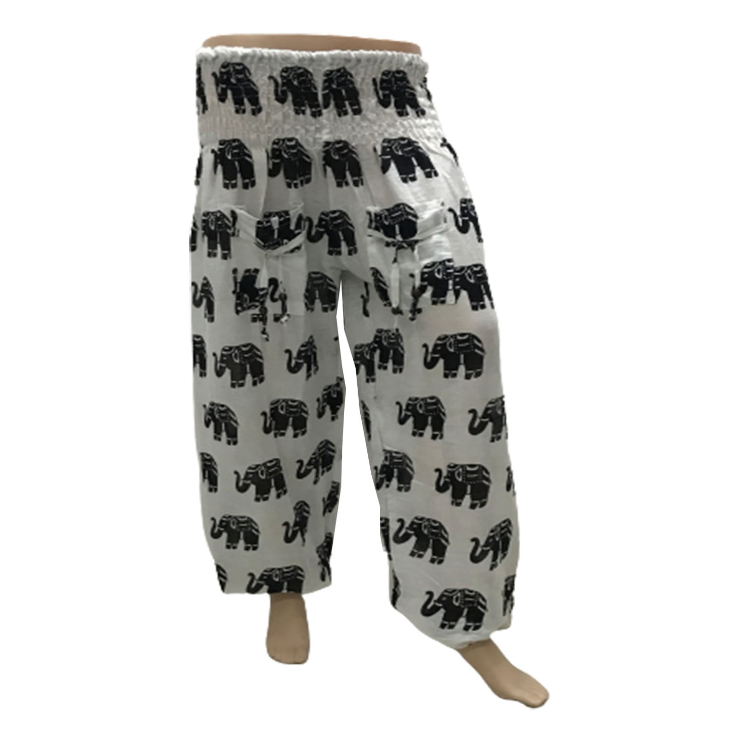 Ganesha Handicrafts, Cuffed Elephant Print Casual Trousers, Cuffed Casual Trousers, Elephant Print Trousers, White colour Cuffed Elephant Print Casual Trousers.