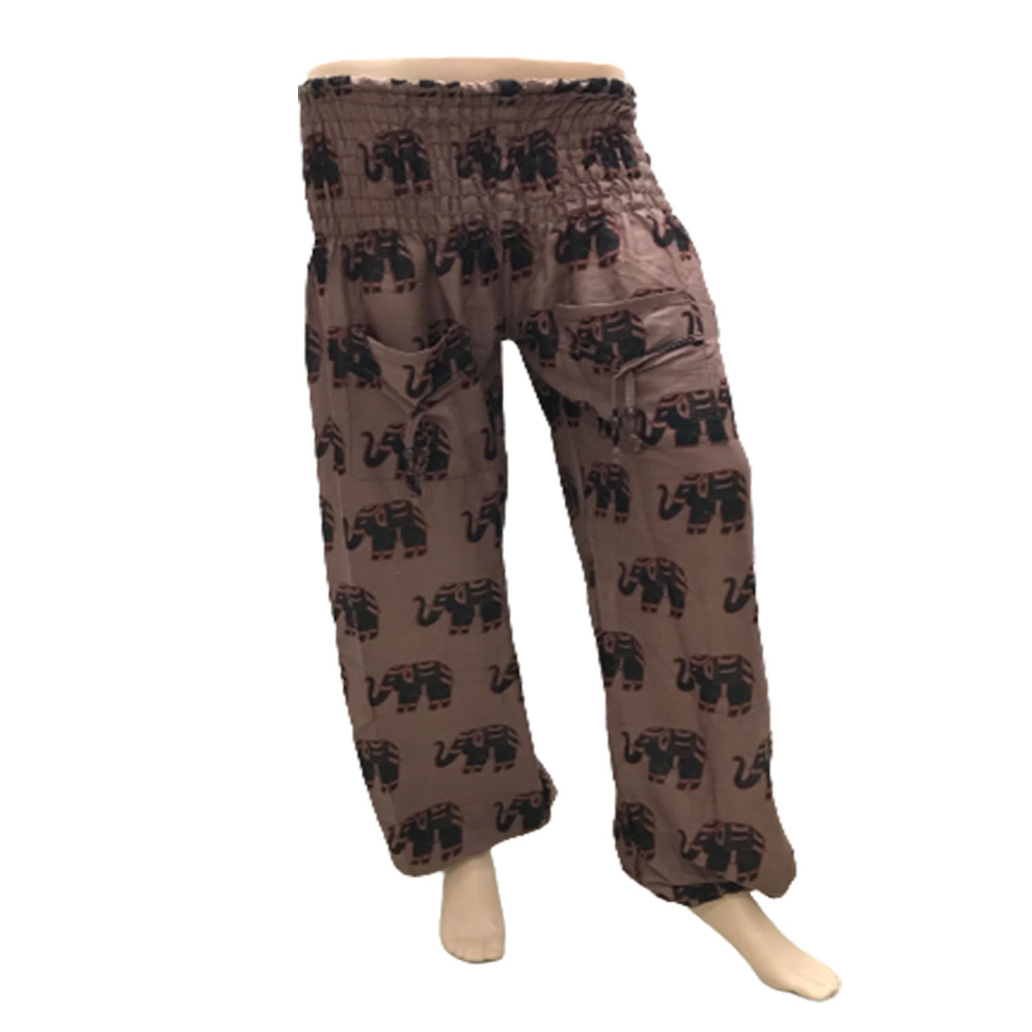 Ganesha Handicrafts, Cuffed Elephant Print Casual Trousers, Cuffed Casual Trousers, Elephant Print Trousers, Brown colour Cuffed Elephant Print Casual Trousers.