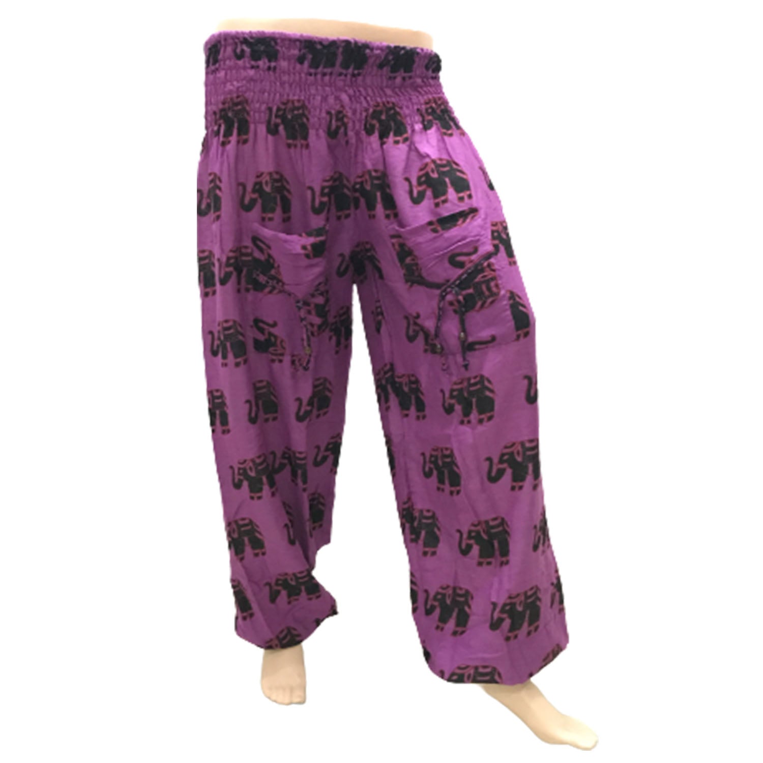 Ganesha Handicrafts, Cuffed Elephant Print Casual Trousers, Cuffed Casual Trousers, Elephant Print Trousers, Pink colour Cuffed Elephant Print Casual Trousers.