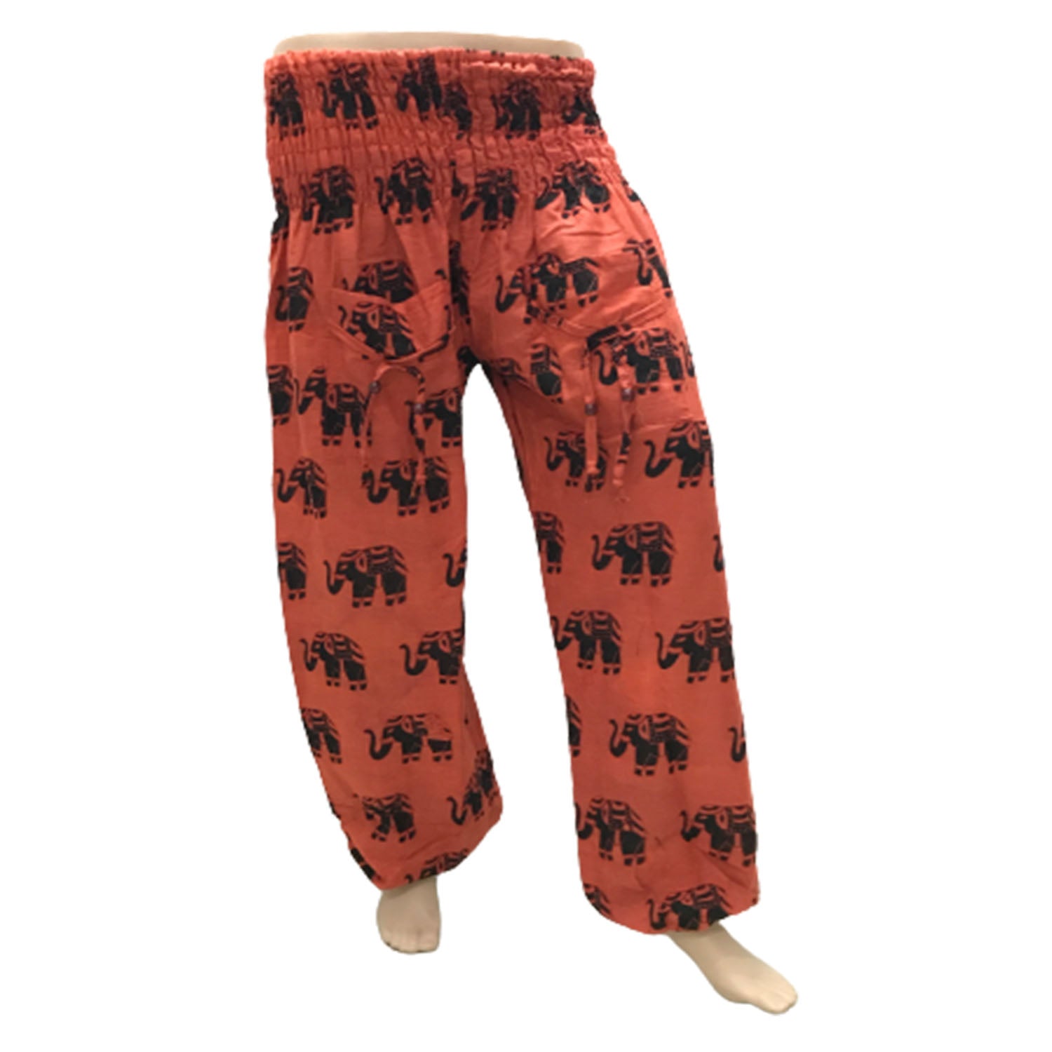 Ganesha Handicrafts, Cuffed Elephant Print Casual Trousers, Cuffed Casual Trousers, Elephant Print Trousers, Orange colour Cuffed Elephant Print Casual Trousers.