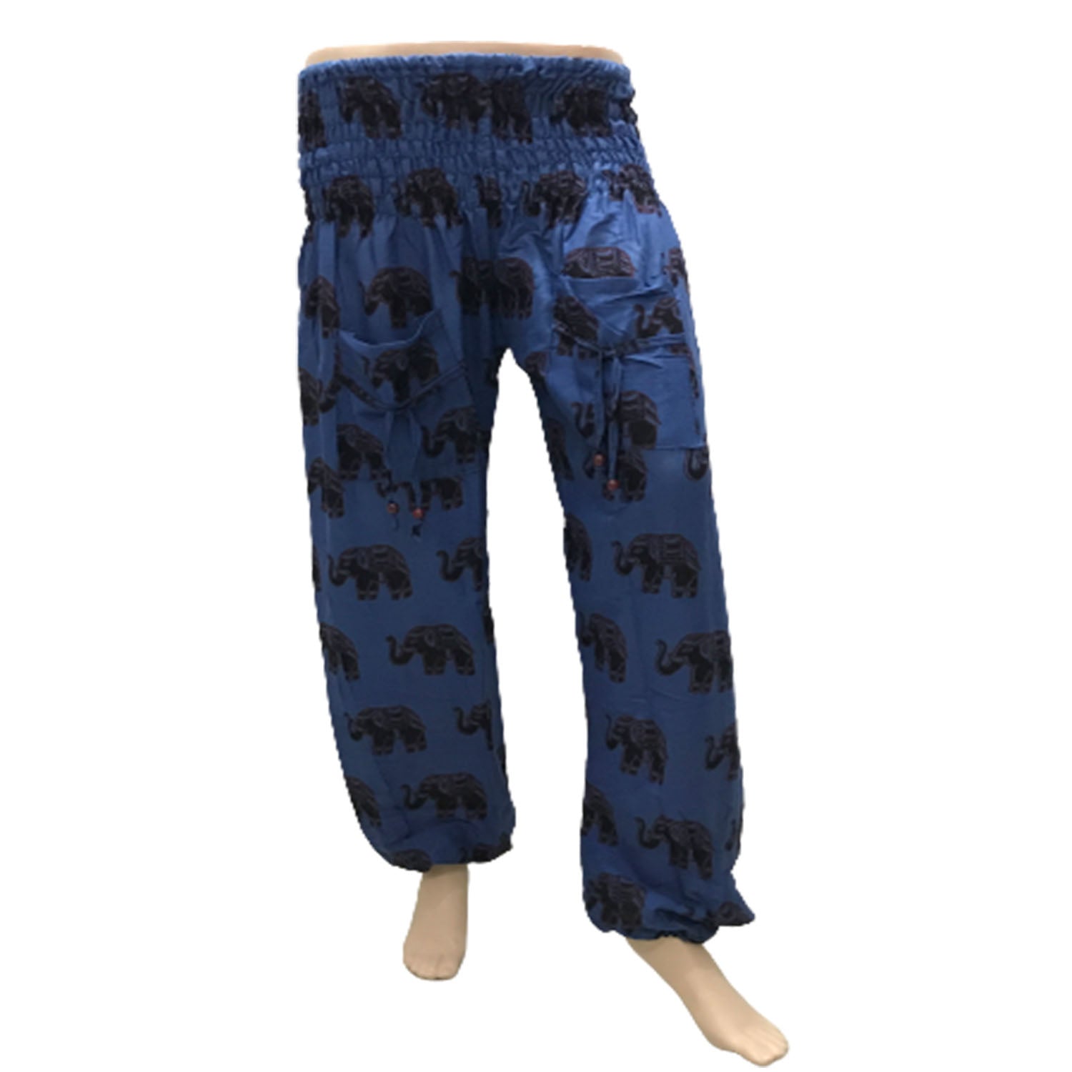 Ganesha Handicrafts, Cuffed Elephant Print Casual Trousers, Cuffed Casual Trousers, Elephant Print Trousers, Blue colour Cuffed Elephant Print Casual Trousers.