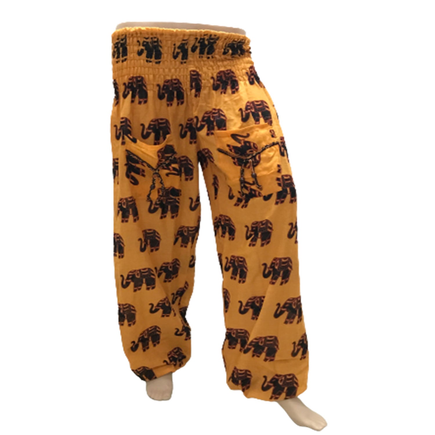 Ganesha Handicrafts, Cuffed Elephant Print Casual Trousers, Cuffed Casual Trousers, Elephant Print Trousers, Yellow colour Cuffed Elephant Print Casual Trousers.