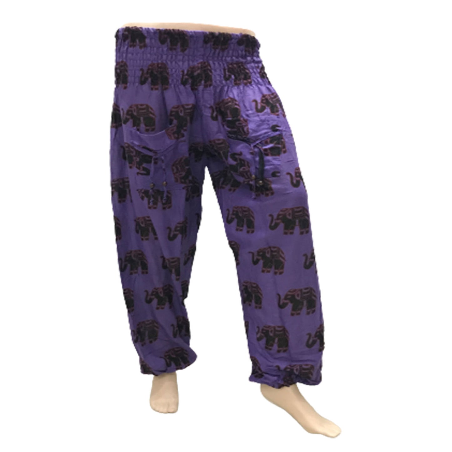 Ganesha Handicrafts, Cuffed Elephant Print Casual Trousers, Cuffed Casual Trousers, Elephant Print Trousers, Purple colour Cuffed Elephant Print Casual Trousers.