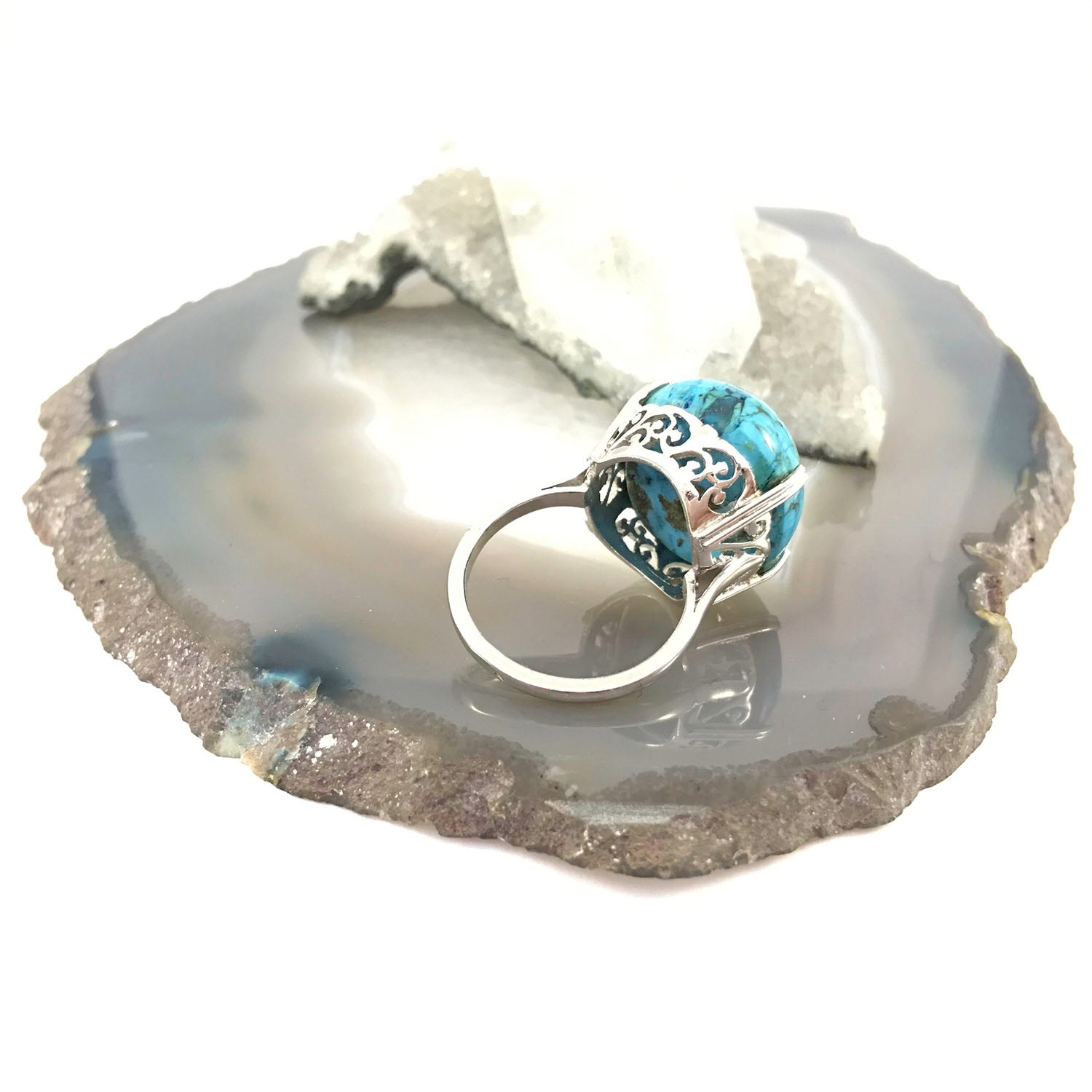 Ganesha Handicrafts, Large Turquoise in Floral Setting | Size Q | 925 Sterling Silver, Large Turquoise Silver Setting, 925 Sterling Silver Large Turquoise in Floral Setting, Trending Floral Setting.