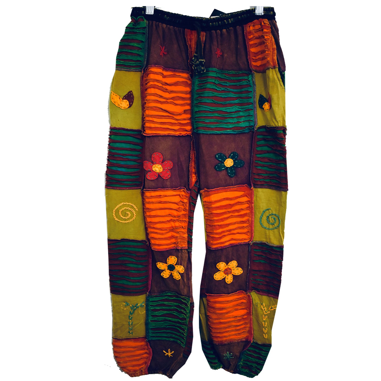 Fair Trade Nepal Cotton Patchwork Trousers - Multicolored Boho Pants, Lace-Up Closure, Comfy & Lightweight