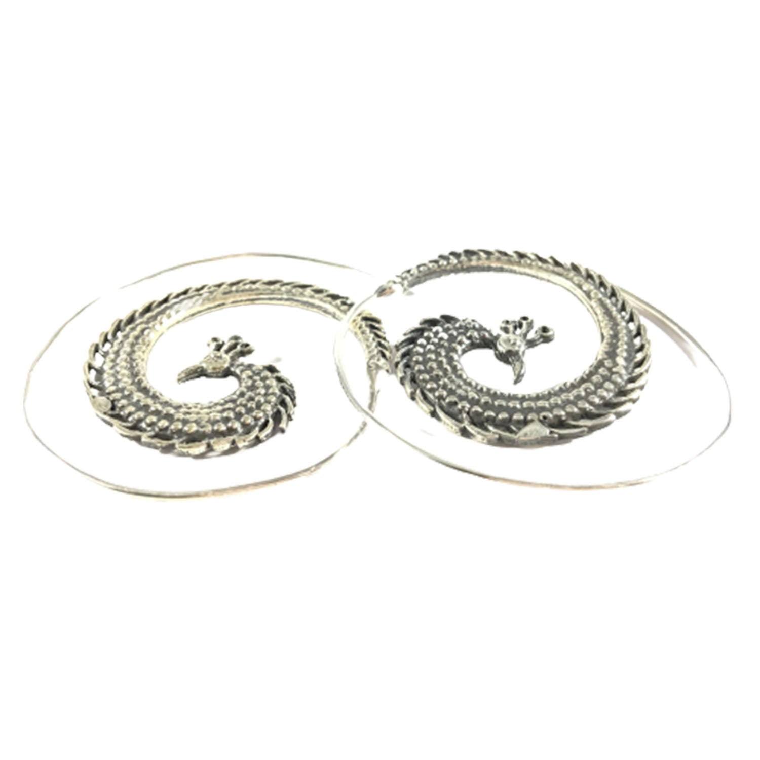 Ganesha Handicrafts Peacock Feather and Head Hoop Earrings 925 Sterling Silver, Earrings, Sterling Silver Earrings, Hoop Earrings, Head Hoop Earrings, Peacock Feather Earrings