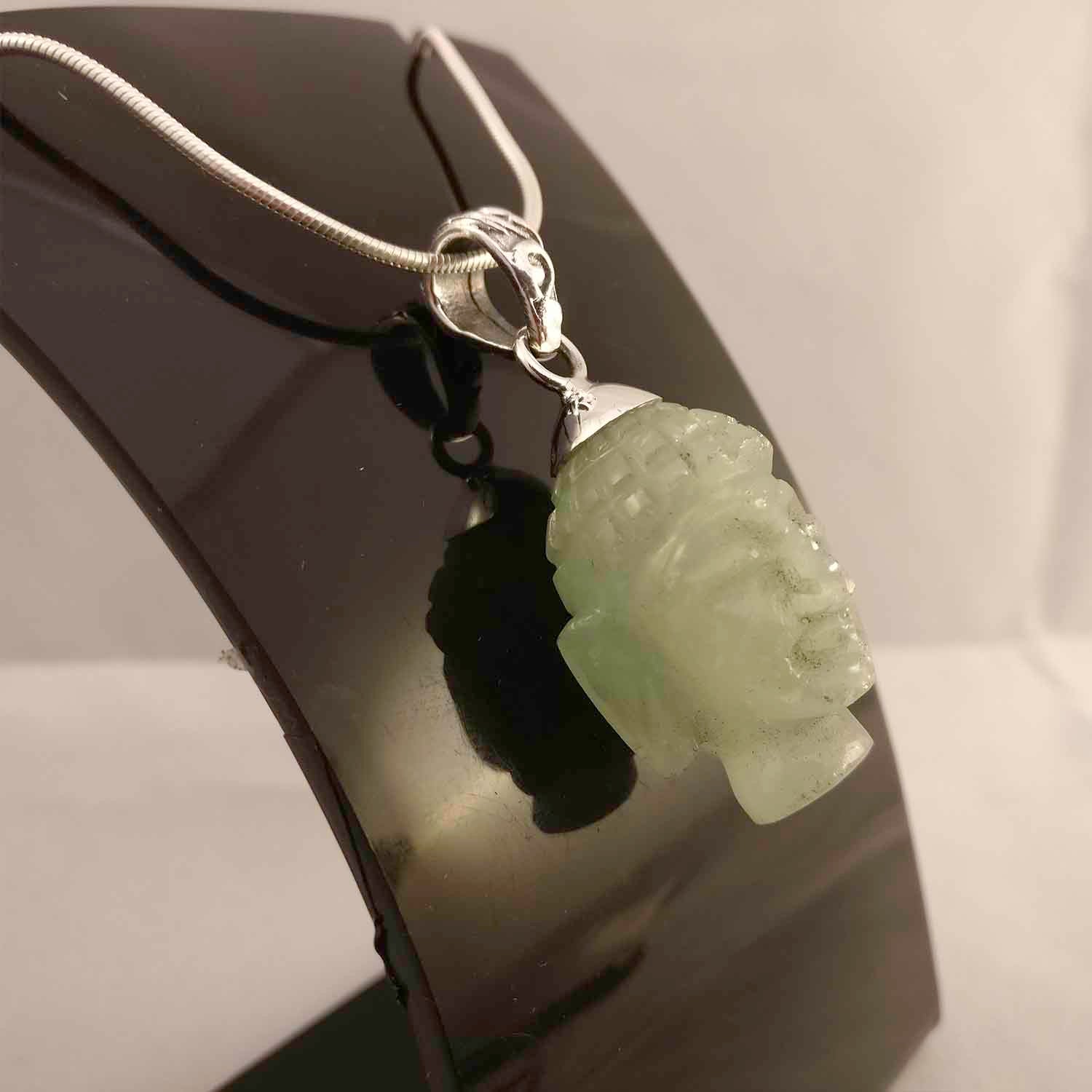 Ganesha Handicrafts, Prehnite Gemstone Buddha's Head, 925-Silver Buddha Head Pendant, Silver Prehnite Gemstone Buddha head Pendant, Women's Trending Pendant, New Model Silver Pendant, Buddha Head Pendant. 