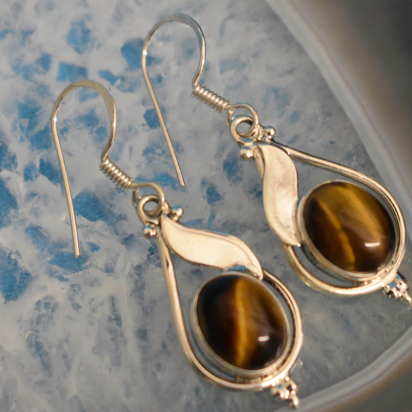 Ganesha Handicrafts, Sterling Silver Drop Earrings, Women's Stylish Earrings, 925-Sterling silver Earrings, Drop Earrings, Silver Earrings, Women's trending Earrings, Tiger eye Colour Earrings.