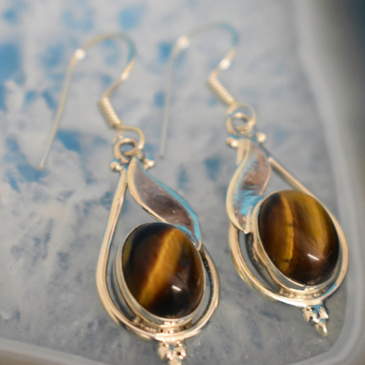 Ganesha Handicrafts, Sterling Silver Drop Earrings, Women's Stylish Earrings, Women's trending Earrings, tiger eye Model Earrings.