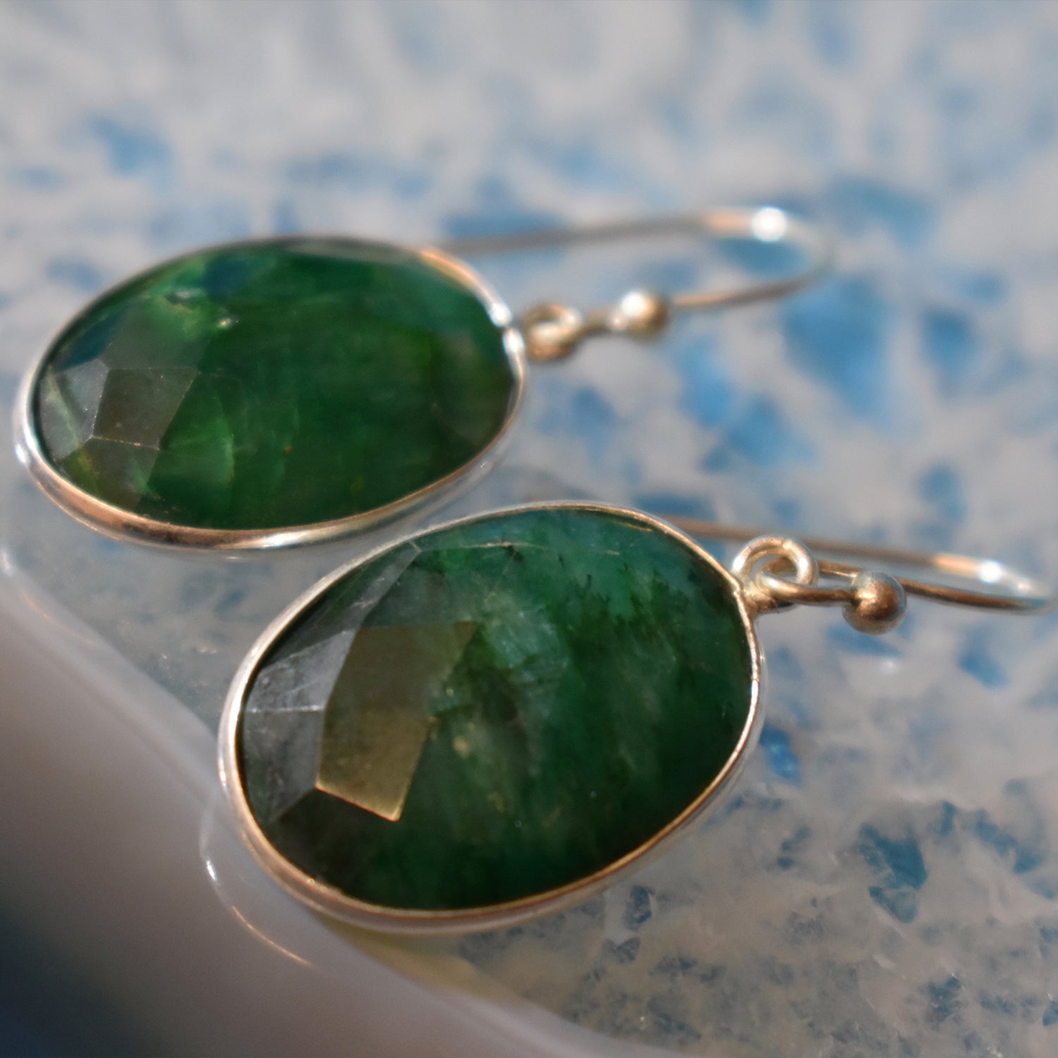 Ganesha Handicrafts, Sterling Silver Faceted Emerald Earrings (925), Silver Emerald Earrings, 925- Silver Emerald Earrings, Womens Trending Earrings, Earring Collection.  
