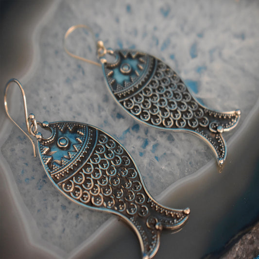 Ganesha Handicrafts, Sterling Silver Fish Tail Earrings (925), Silver Fish Earrings, 925-Silver Earrings, Womens Trending Earrings,  Fish Tail Modal earrings, Women's Fashion Stylized Earrings.  