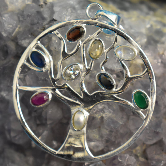 Ganesha Handicrafts Sterling Silver Multi-chakra Tree of Life Pendant (925), Tree of life pendant, Multi chakra pendant, Silver Chakra Pendant, Multicolour Pendant