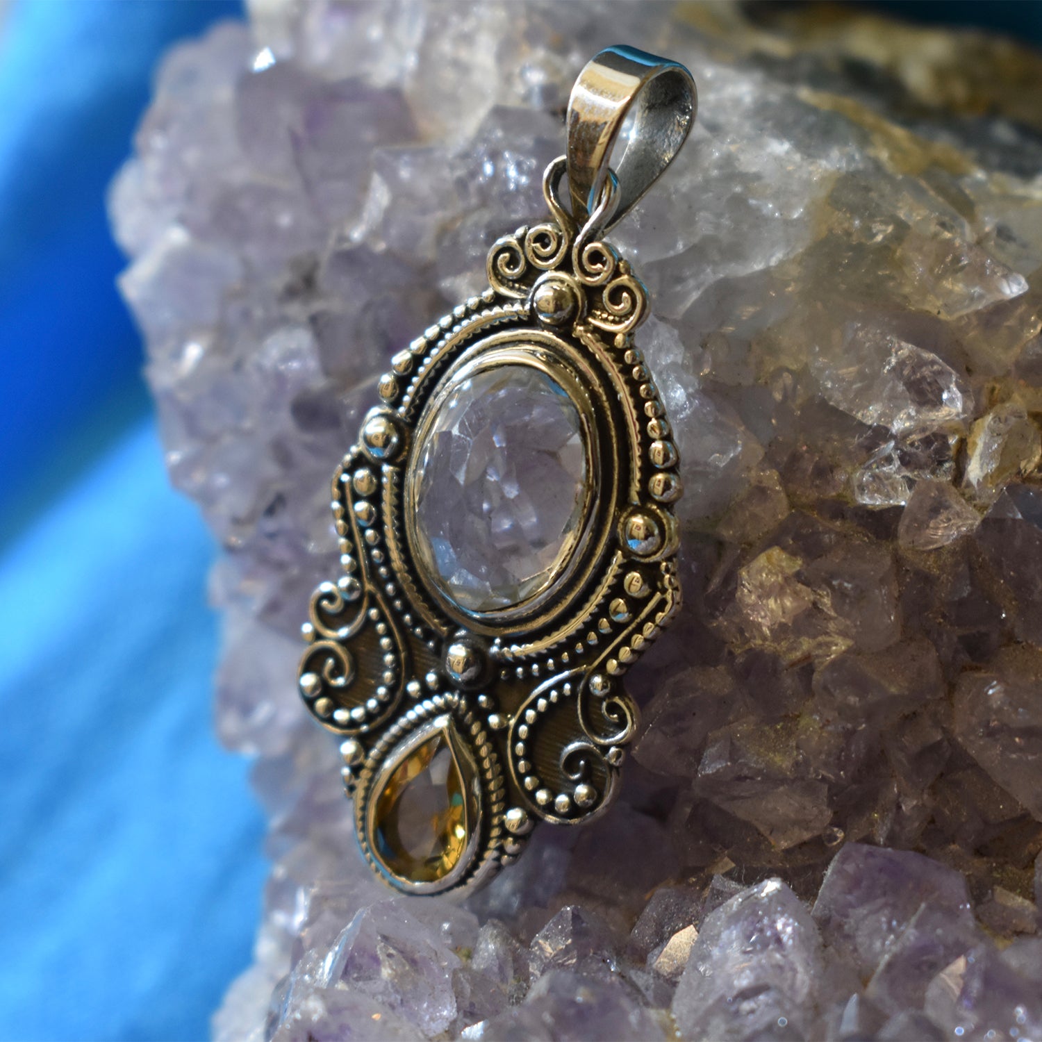 Ganesha Handicrafts, Sterling Silver Quartz and Citrine Pendant (925), Sterling Silver Quartz and Citrine Pendant, Sterling Silver  Pendant, Women's Trending Pendant, Women's Modern Pendant, 925-Sterling Silver Pendant.