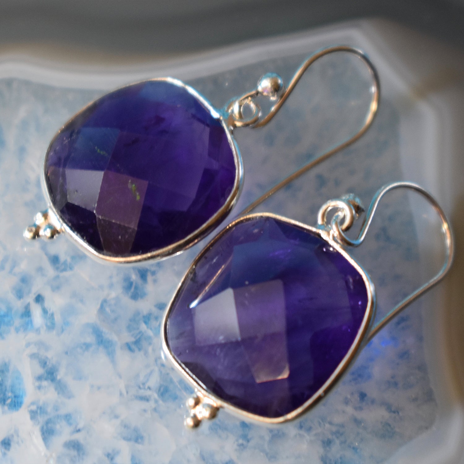 Ganesha Handicrafts, Sterling Silver Square Faceted Amethyst Earrings (925), Sterling Silver Amethyst Earrings, Square Faceted Amethyst Earrings, 925-Silver Amethyst Earrings, Womens Trending Earrings, Women's Fashion Earrings, New Earring Collections. 